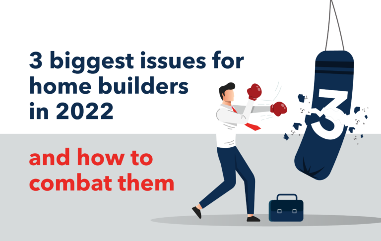 A construction owner hitting a punching bag with text that reads 3 biggest issues for home builders in 2022 – and how to combat them.