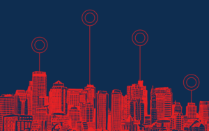 Red and blue Boston skyline design used for CBUSA’s Power 30 construction conference 2022