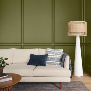 Green panel wall with white sofa living room