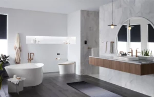 A stylish modern bathroom with Kohler fixtures