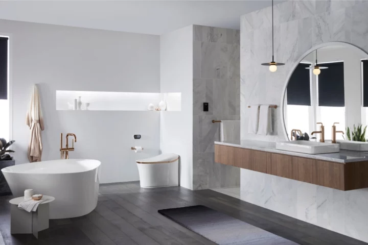 A stylish modern bathroom with Kohler fixtures