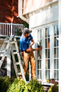 Man on ladder installing windows