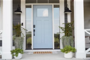 House exterior with light blue front door