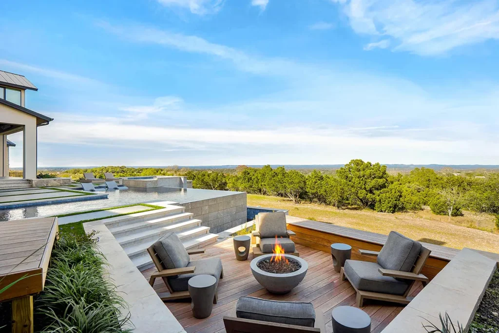 Exterior patio with fireplace