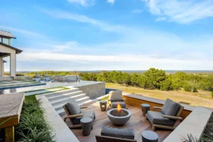 Exterior patio with fireplace
